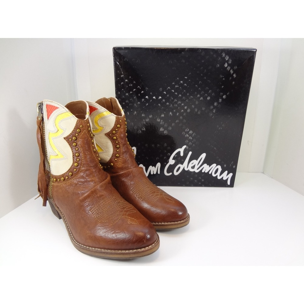 Sam Edelman Ankle Boots Womens 7.5 Tan Leather Western Fringe Studs Excellent
